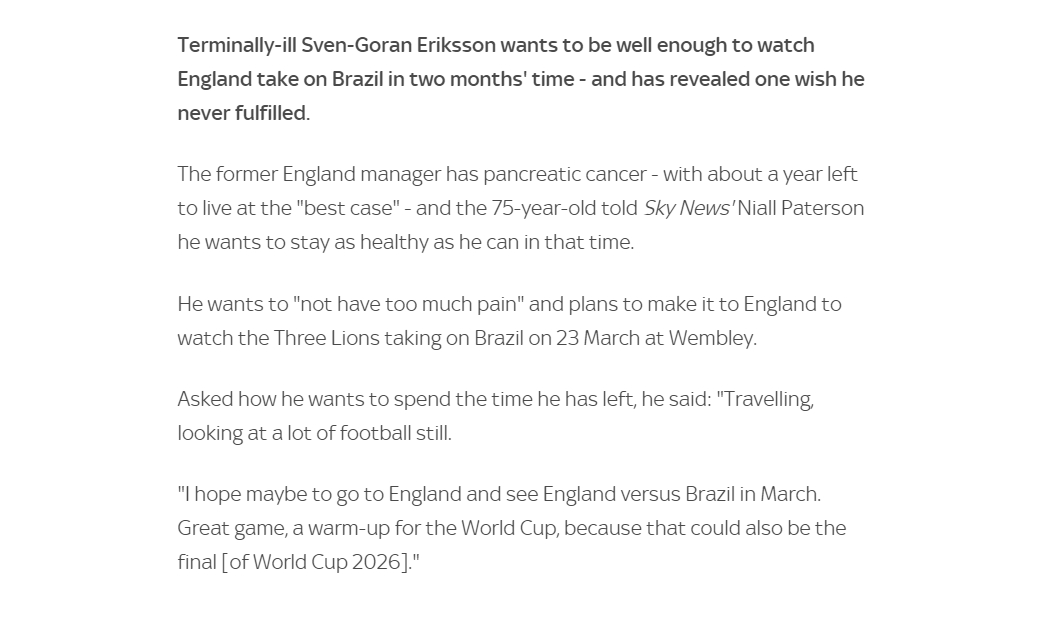 英格兰队前主帅埃里克森公开宣布还有一年生命